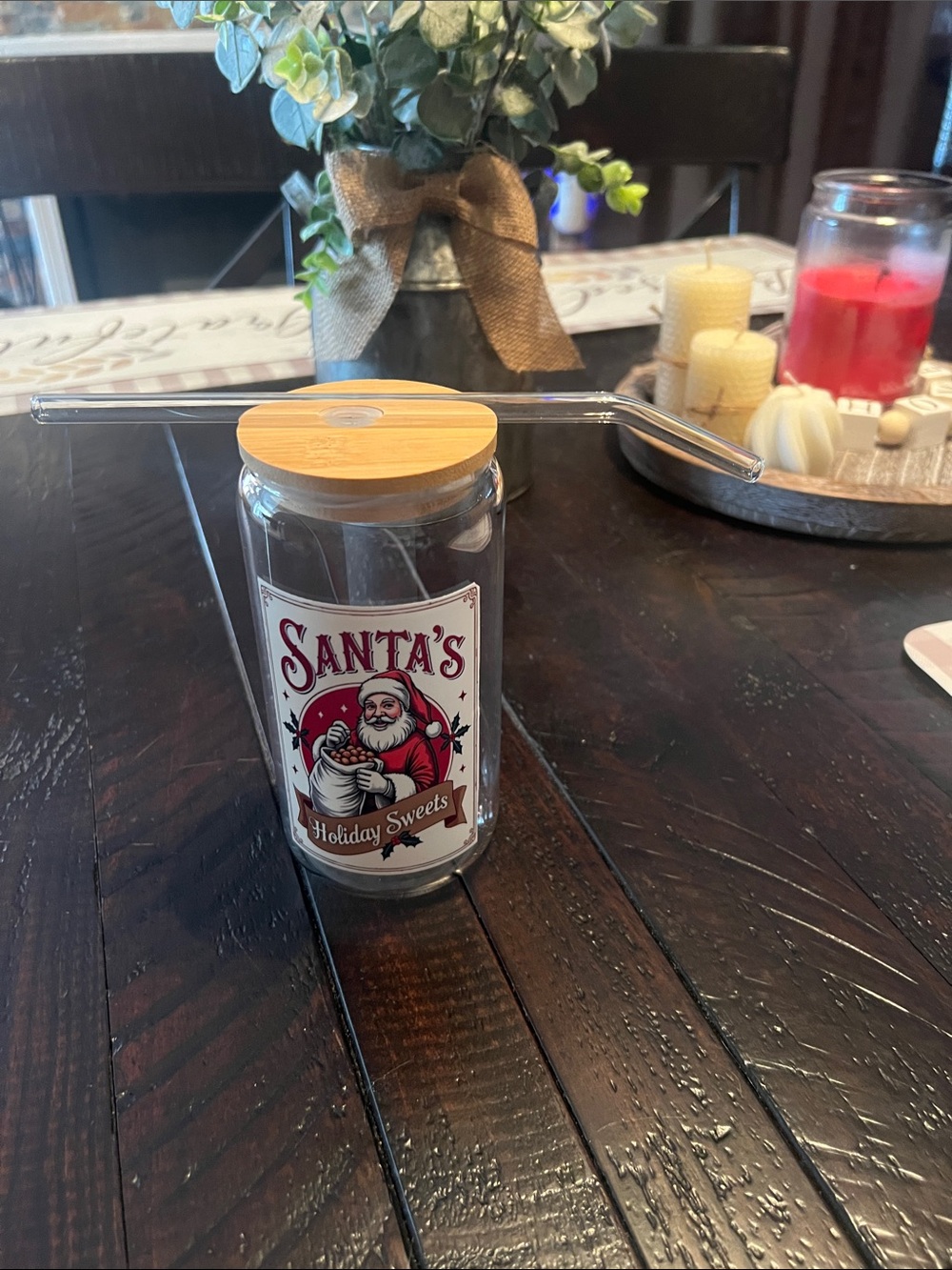 Santa's Holiday Sweets Glass Cup with Bamboo Lid